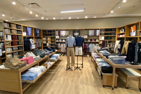 inside J.Crew store. View of mens clothing, also view of male mannequins wearing clothing.