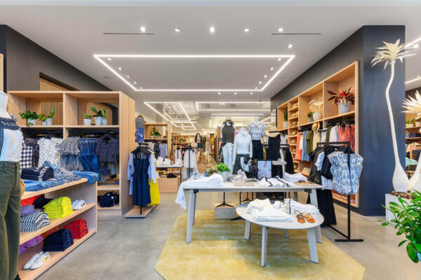 interior view of store. Shows clothing and mannequins